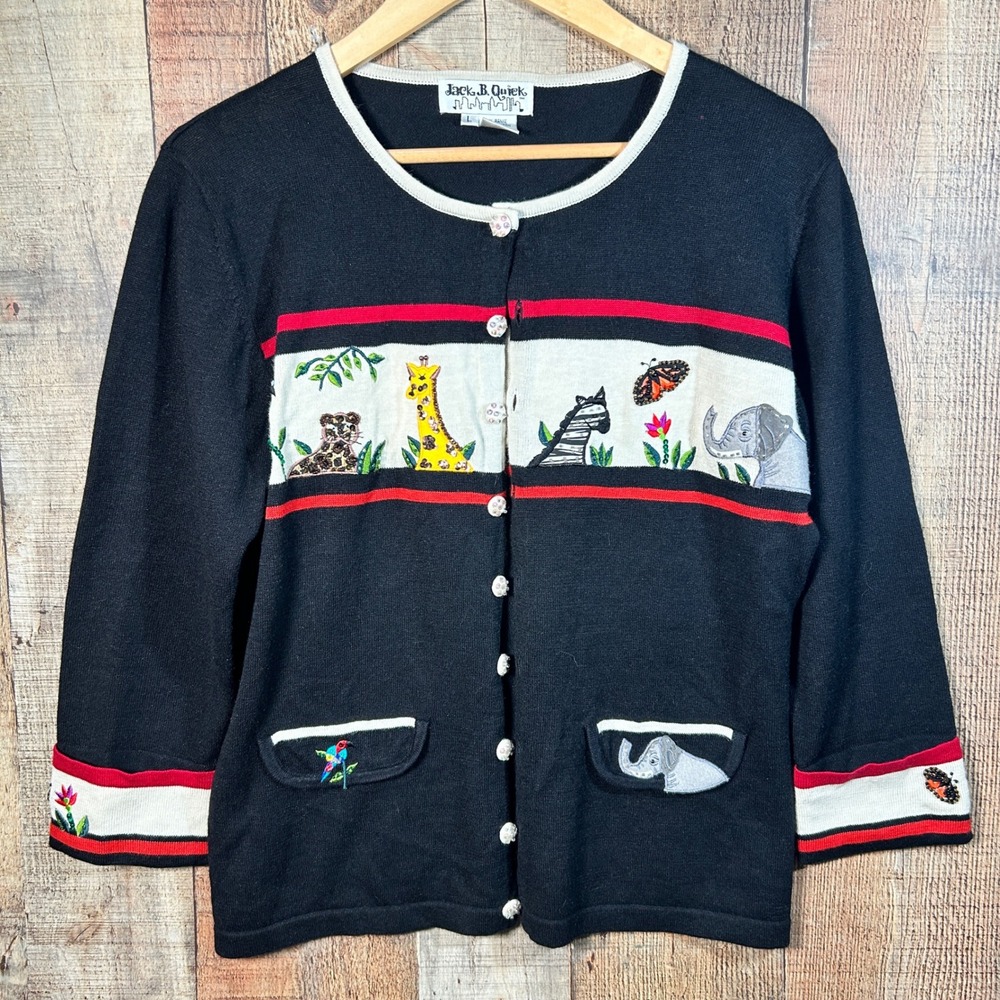 Vintage 90s Jack B Quick Safari Animal Beaded Ramie Cardigan Sweater Art Large